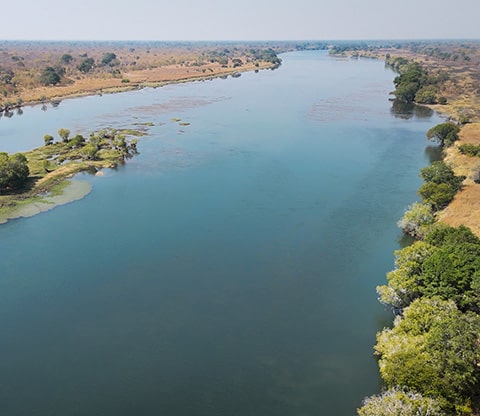 Aerial view of the Kafue River in the Lwenge River Camp
